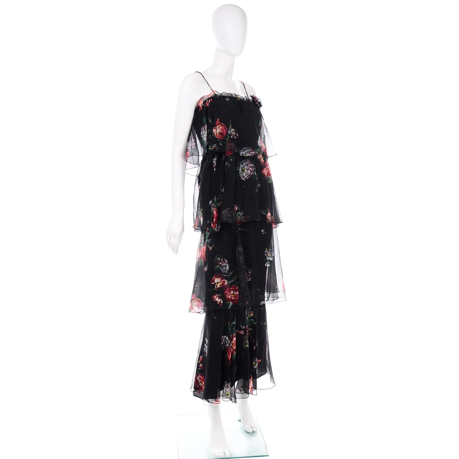 1970s Vintage 2 Pc Black Floral Sheer Tiered Ruffled Dress