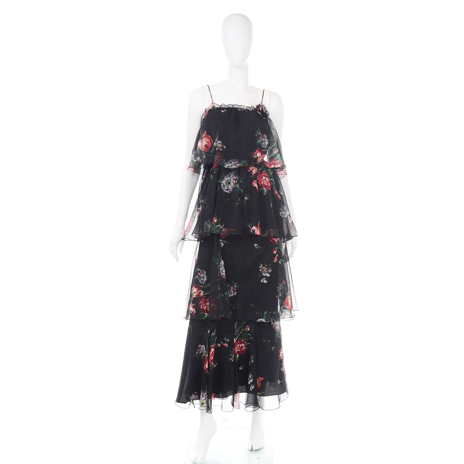 1970s Vintage 2 Pc Black Floral Sheer Tiered Ruffled Dress