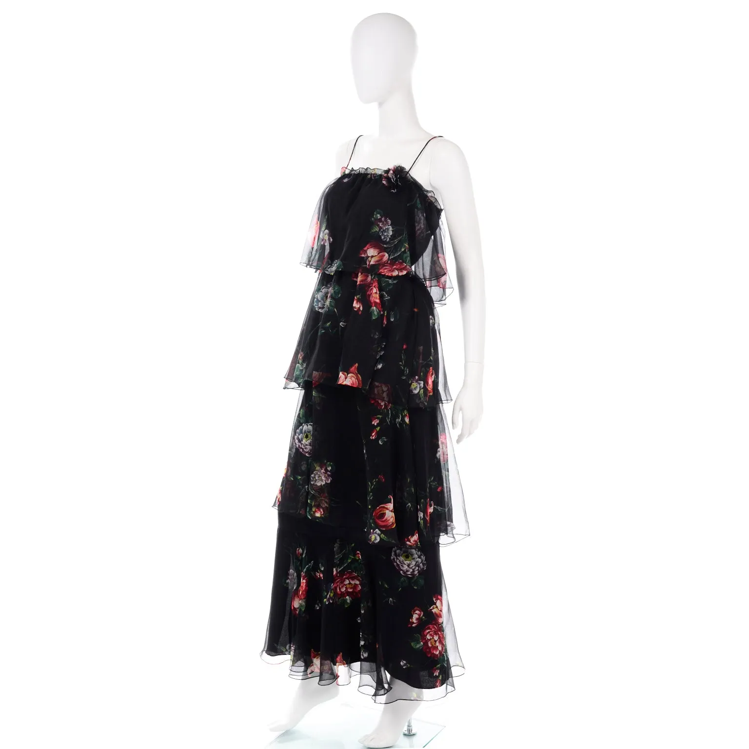 1970s Vintage 2 Pc Black Floral Sheer Tiered Ruffled Dress