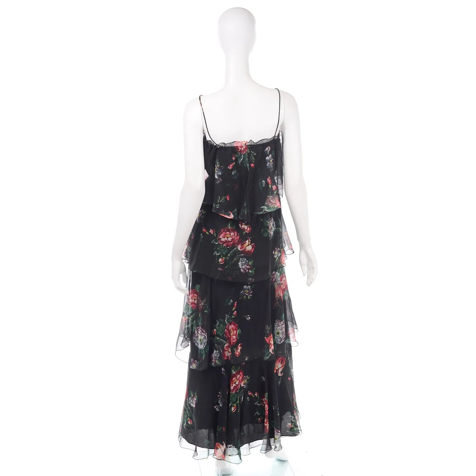 1970s Vintage 2 Pc Black Floral Sheer Tiered Ruffled Dress