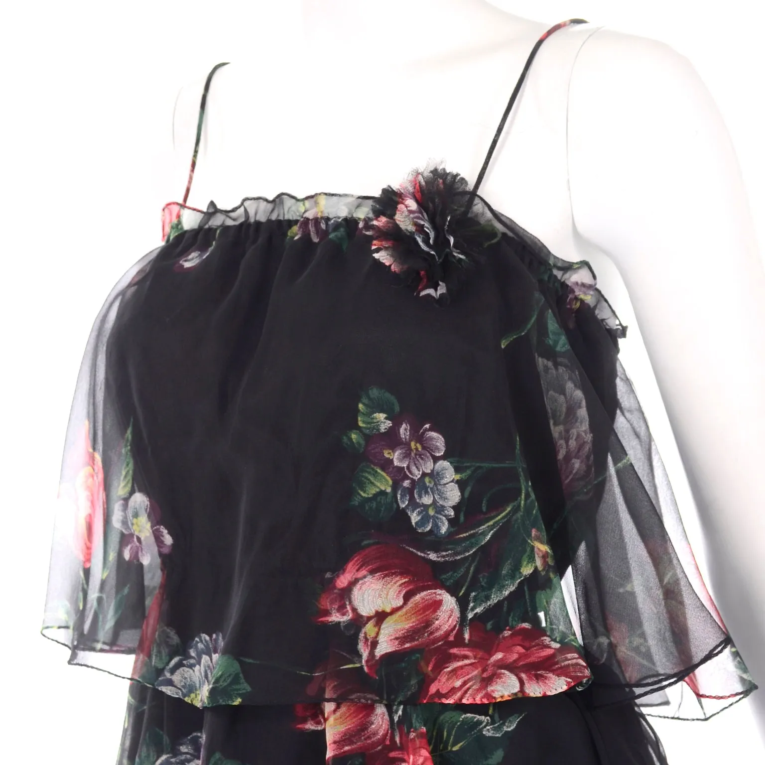 1970s Vintage 2 Pc Black Floral Sheer Tiered Ruffled Dress