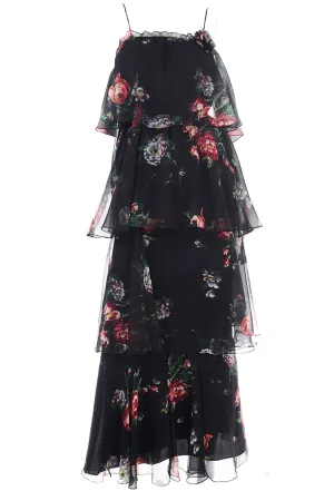 1970s Vintage 2 Pc Black Floral Sheer Tiered Ruffled Dress