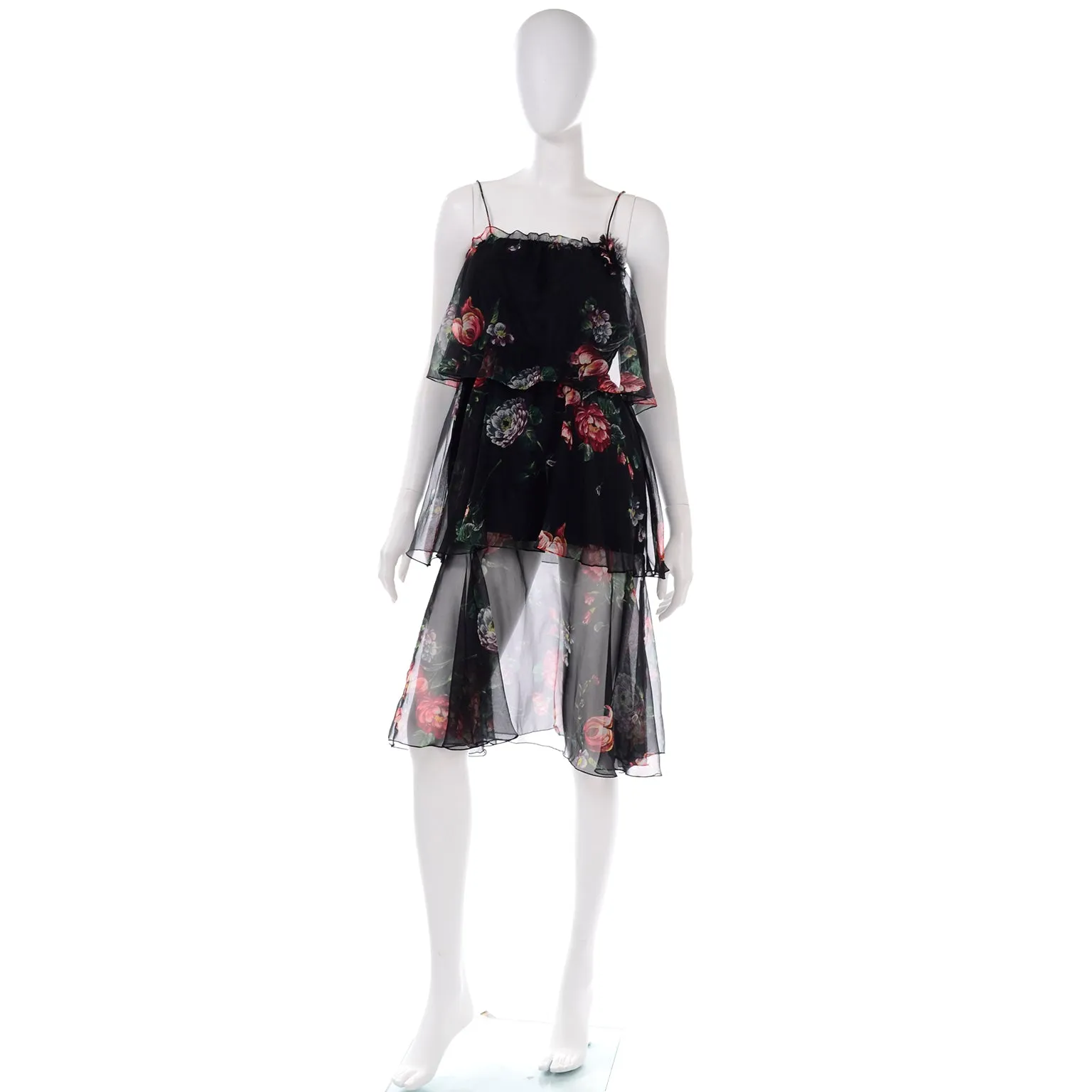 1970s Vintage 2 Pc Black Floral Sheer Tiered Ruffled Dress