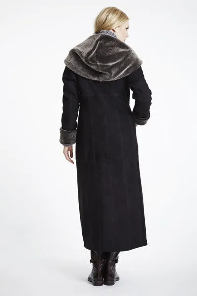 #6423 Long Hooded  Shearling Coat