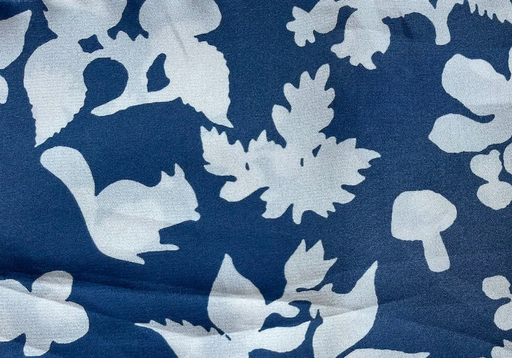 Aegean Blue Silhouetted Thistles & Squirrels Silk Crepe De Chine (Made in Italy)