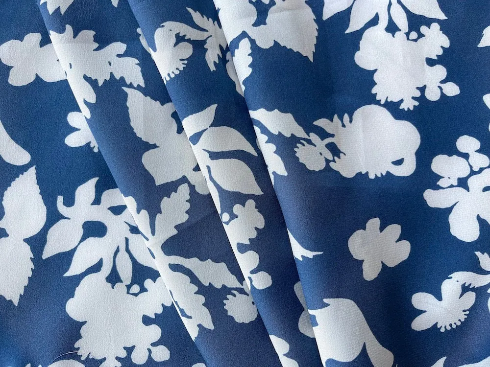 Aegean Blue Silhouetted Thistles & Squirrels Silk Crepe De Chine (Made in Italy)