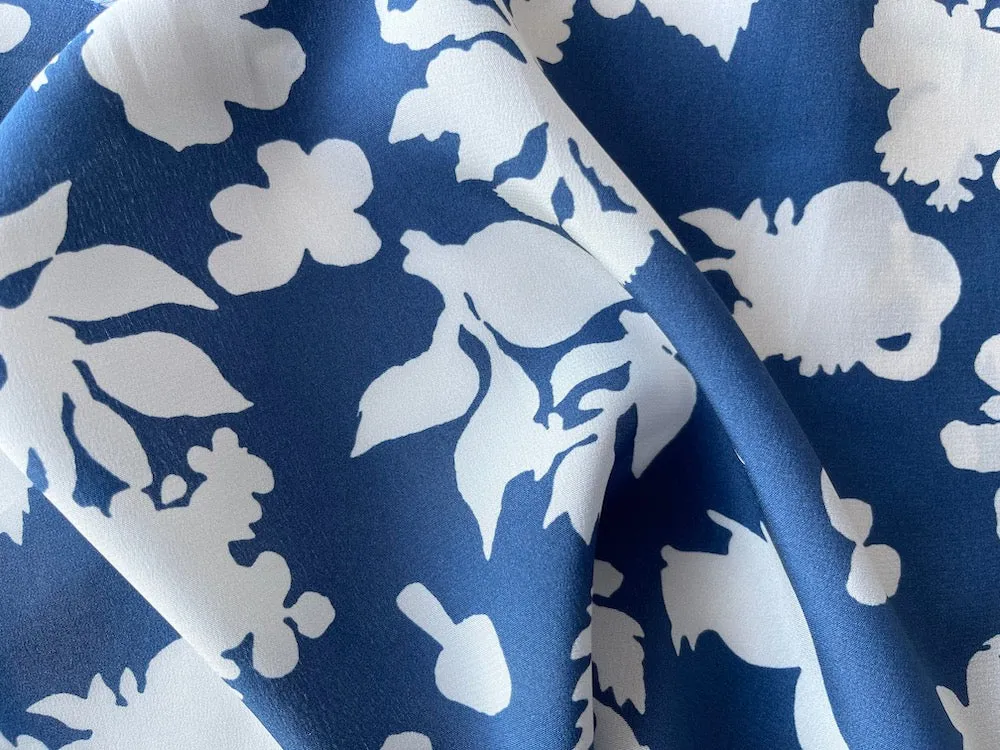 Aegean Blue Silhouetted Thistles & Squirrels Silk Crepe De Chine (Made in Italy)