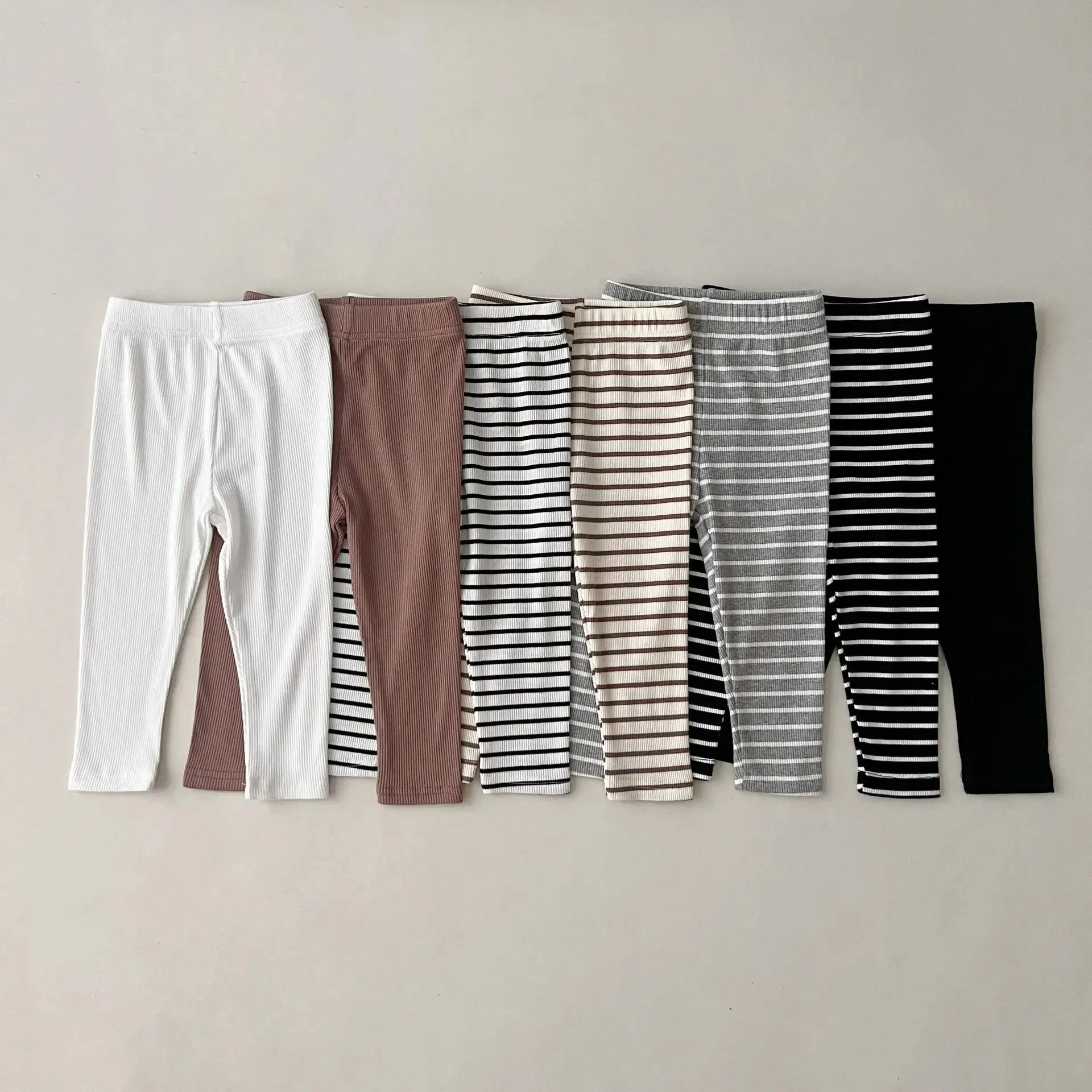 Autumn Ins Kids Clothes Girl Children Ribbed Solid Simple Leggings Boy Baby Striped Casual Pants Infant Cotton Homewear Trousers