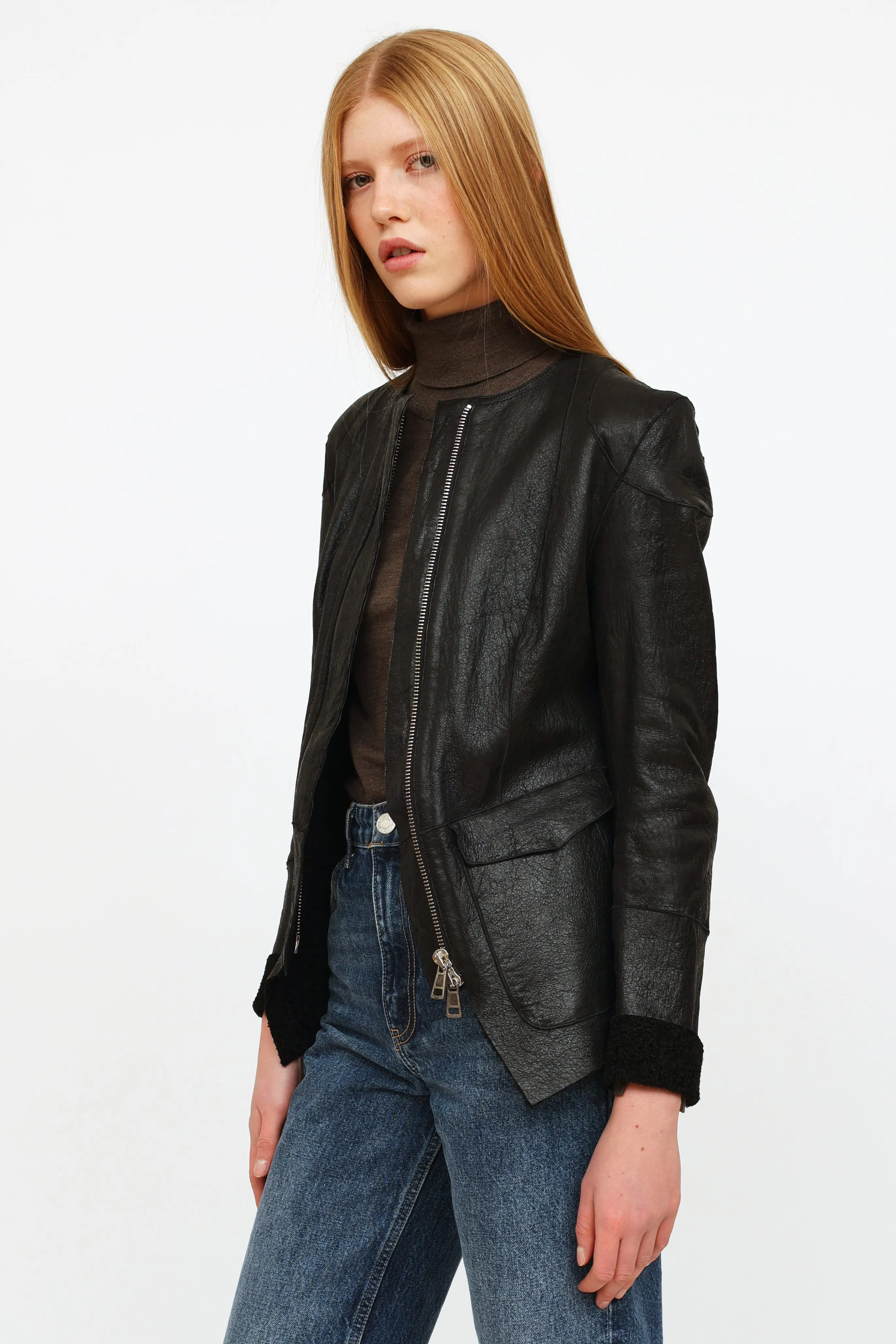 Black Leather Zip Up Lined Jacket