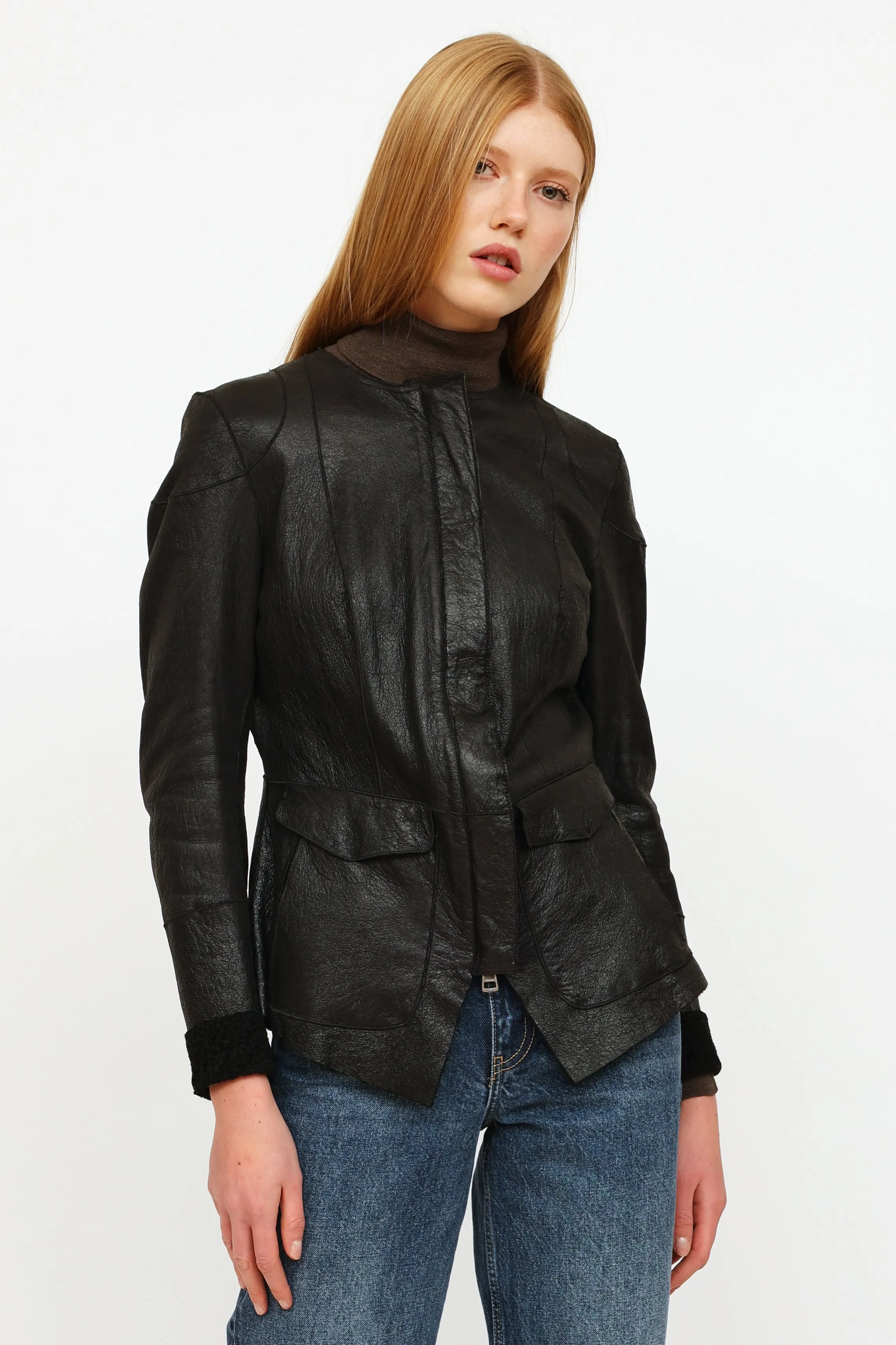 Black Leather Zip Up Lined Jacket