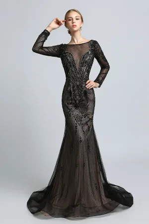 Black Sexy Mermaid Long Sleeves Beaded Evening Dress Formal Prom Dress