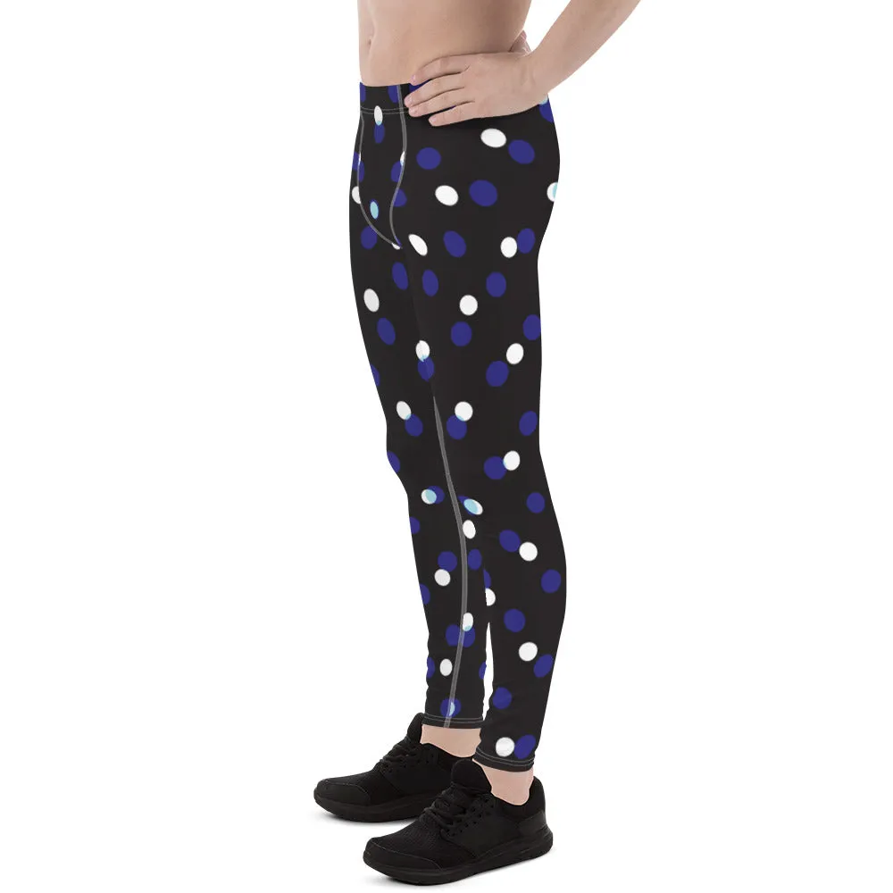 Black White Polka Dots Meggings, Best Men's Leggings Designer Running Tights- Made in USA/EU/MX