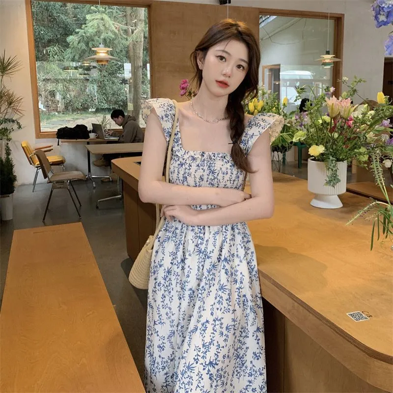 Blue Floral Slip Dress Flying Sleeve Vacation Dress