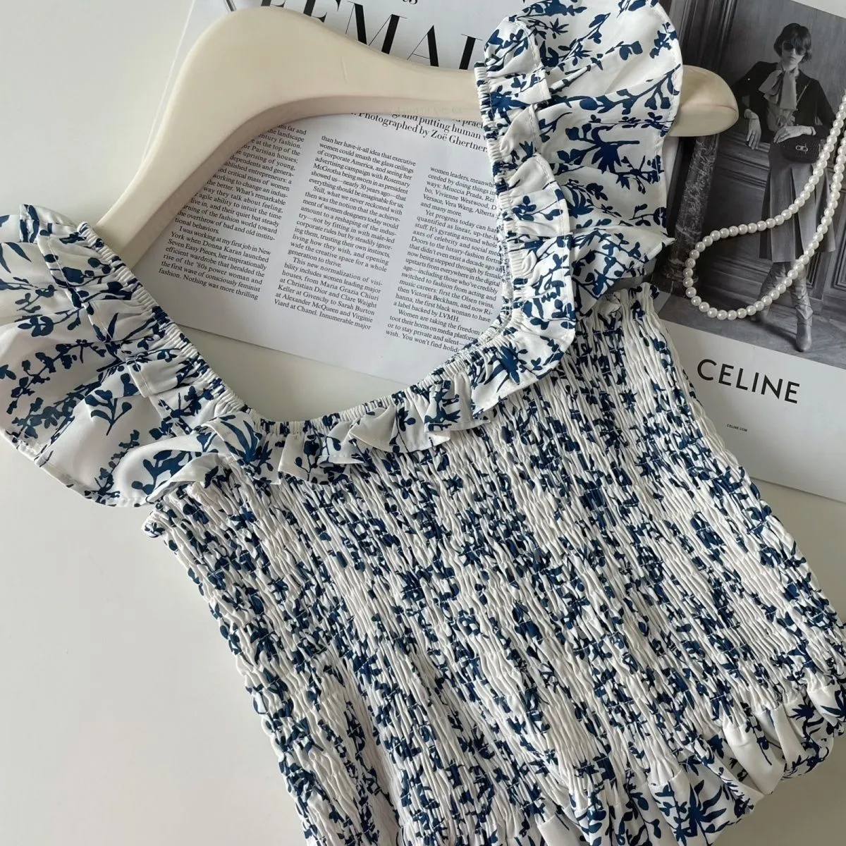 Blue Floral Slip Dress Flying Sleeve Vacation Dress