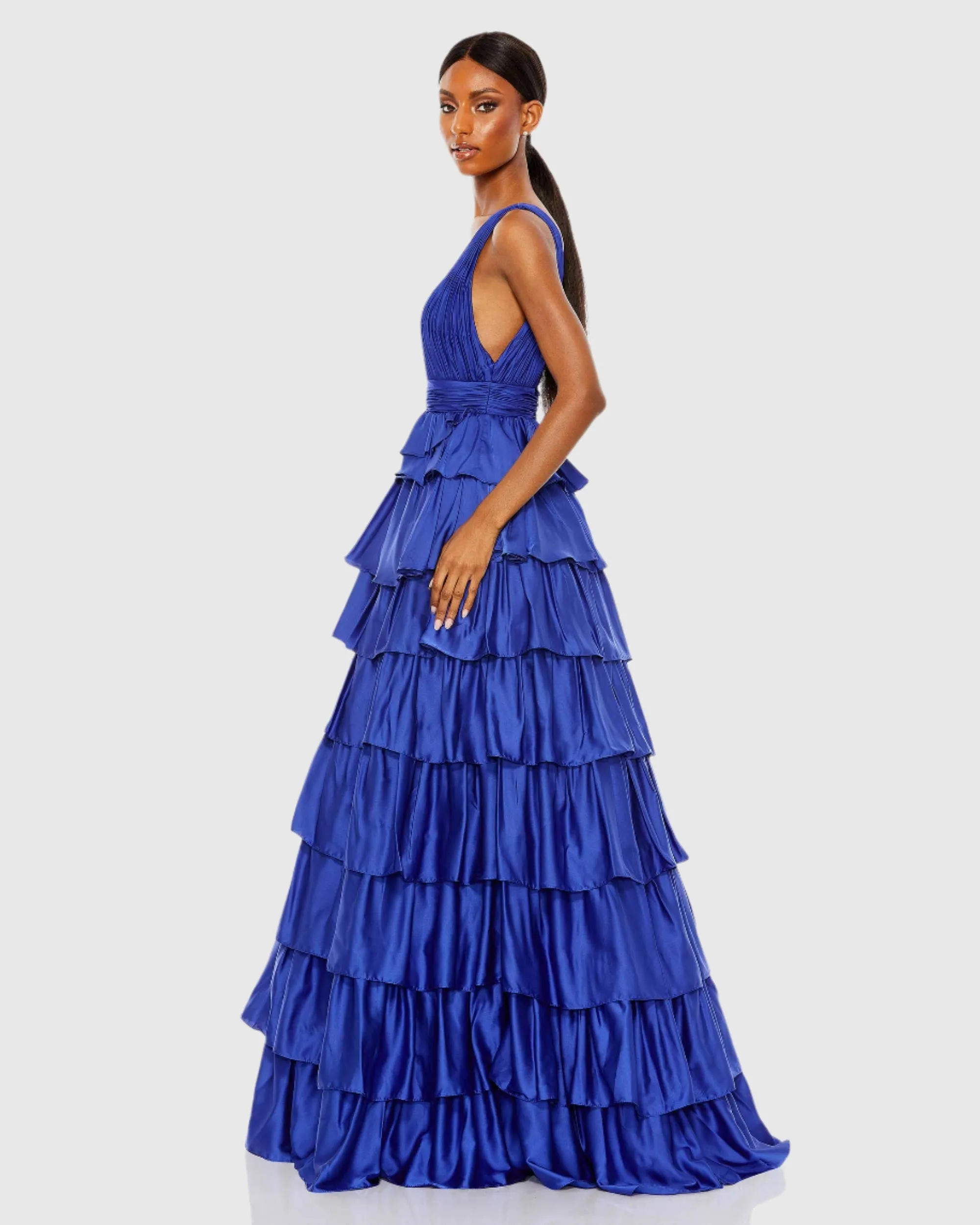 Blue Ruffle Tiered Pleated Sleeveless V Neck Gown