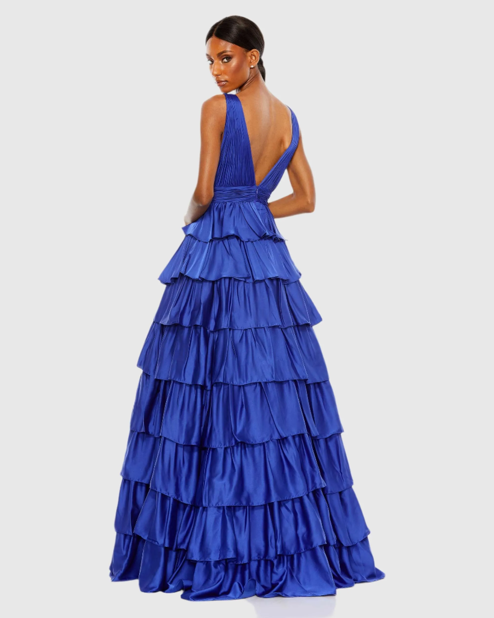 Blue Ruffle Tiered Pleated Sleeveless V Neck Gown