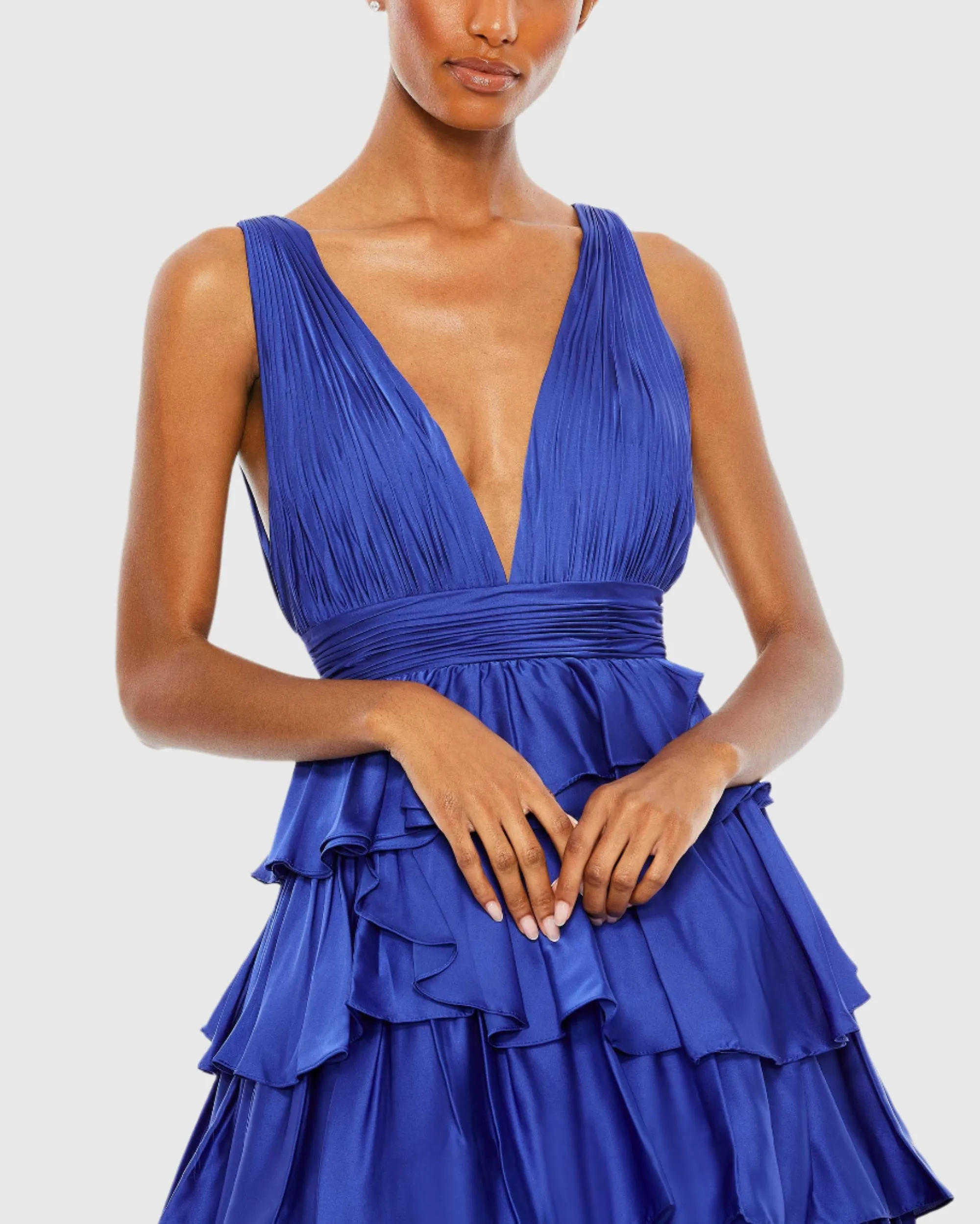 Blue Ruffle Tiered Pleated Sleeveless V Neck Gown