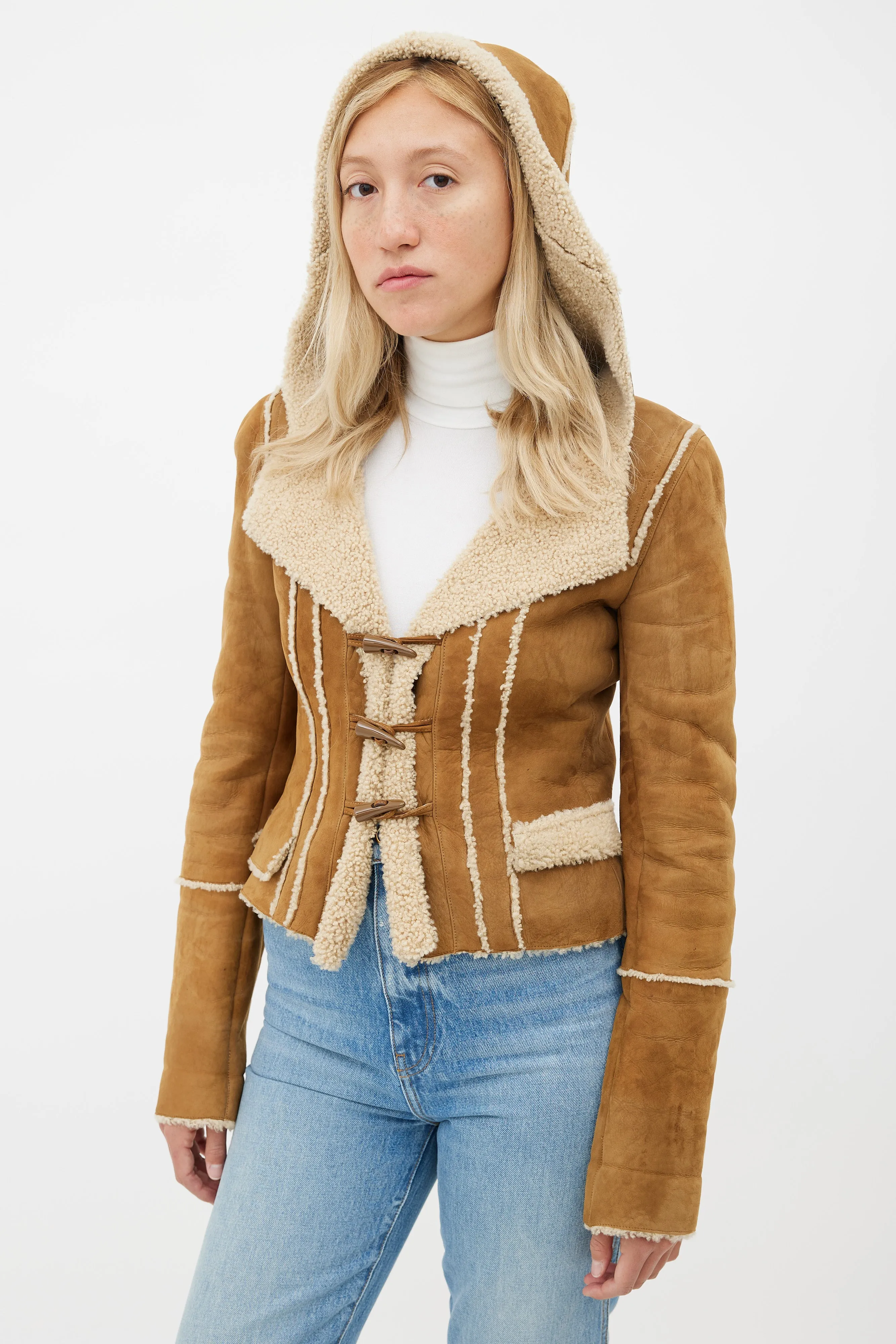 Brown Hooded Shearling Jacket