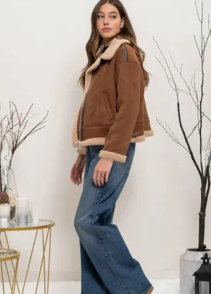 Capri, Womens, Bomber Jacket, Shearling Trim, Brown