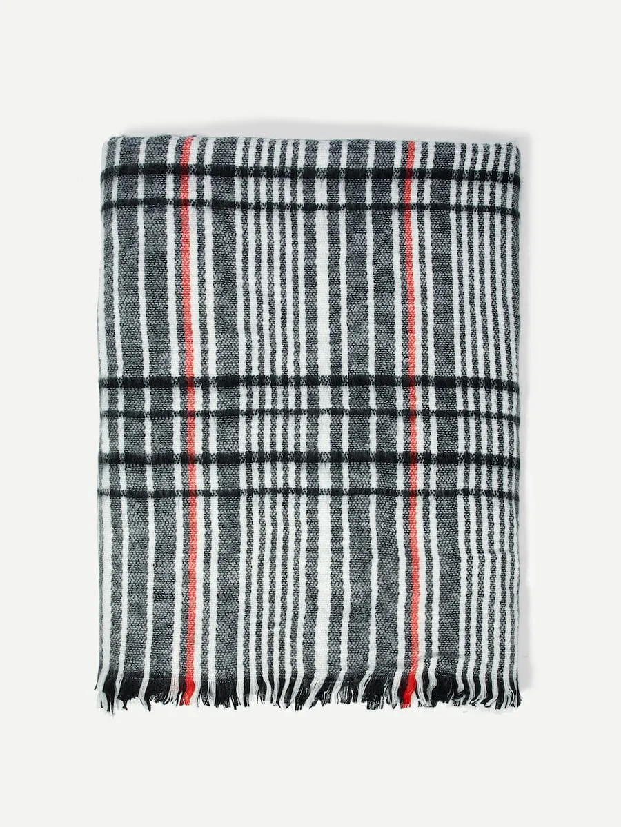 Check Tartan Print Frayed Trim Plaid Scarf