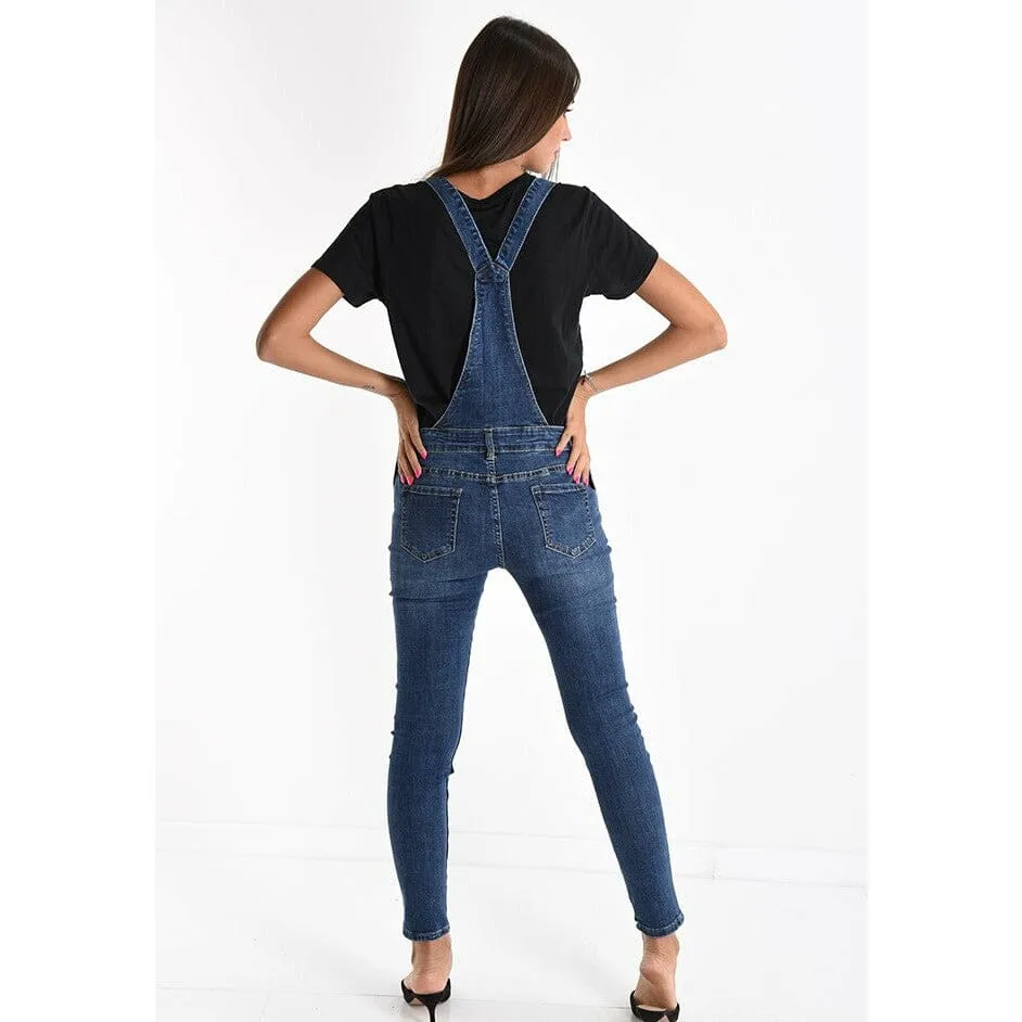 Damen Hose ose Latz Baumwolle mit Knöpfen mit Taschen Denim