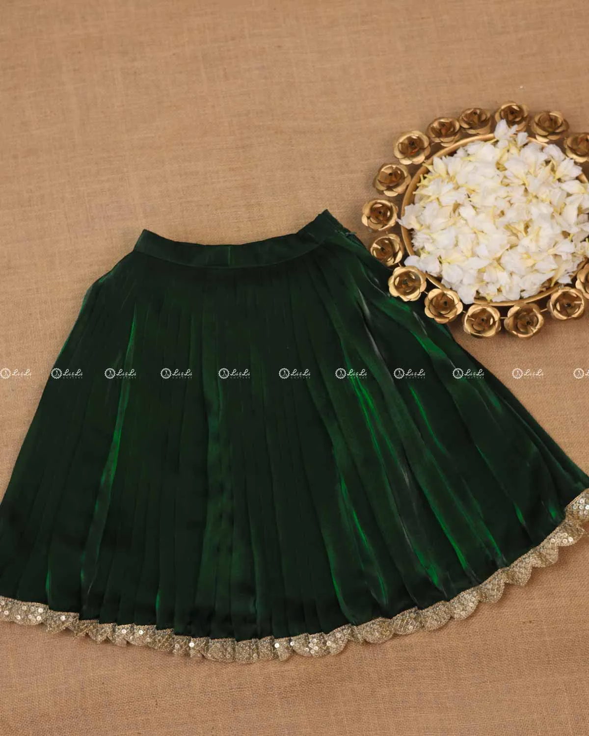 Dark Bottle Green Pleated Ethnic Skirt