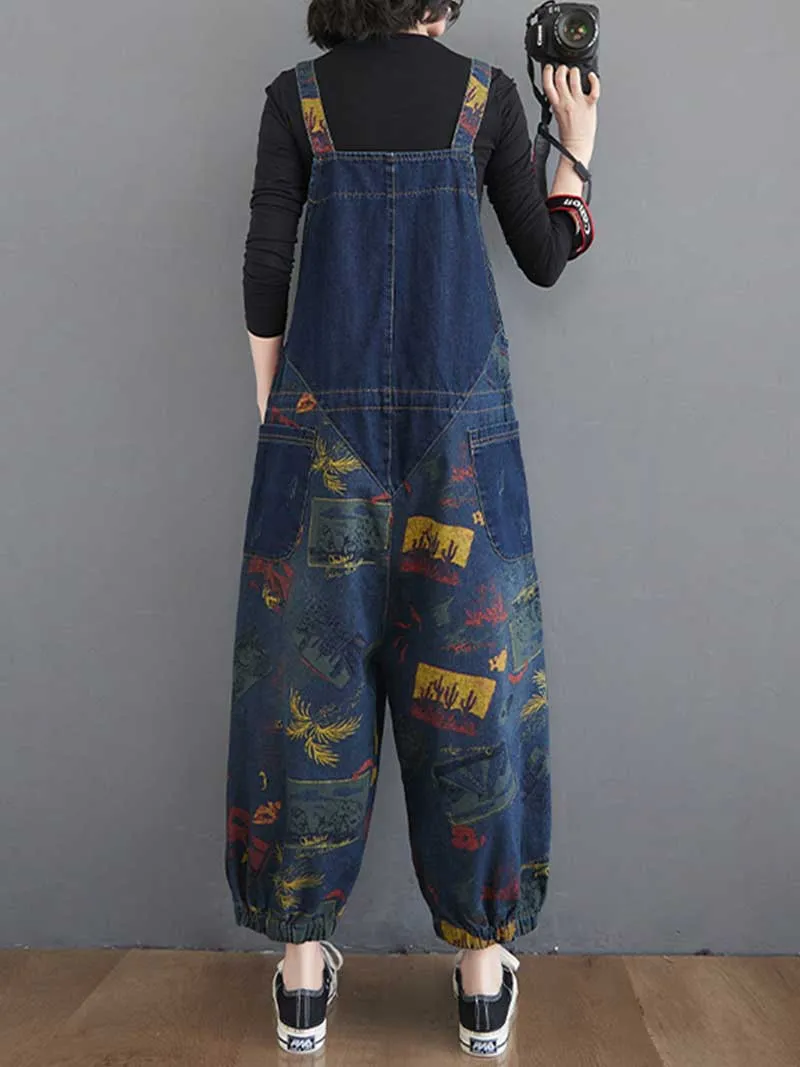 Denim Printed Women's Nine-Point Pants High Waist Overalls Dungaree