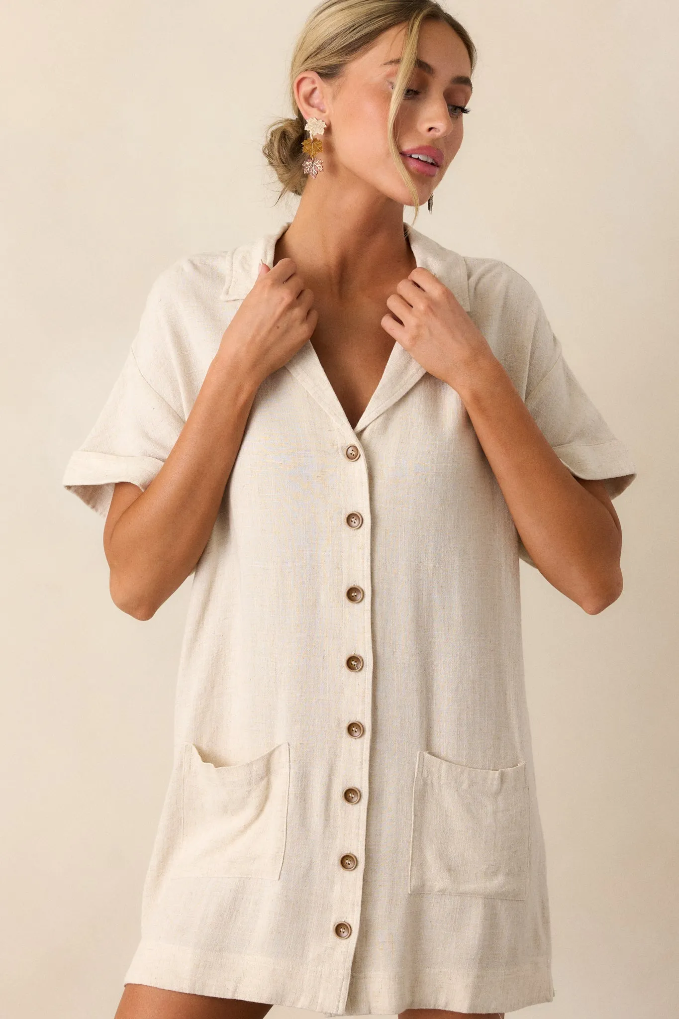 Effortless Selection Beige Button Front Shirt Mini Dress