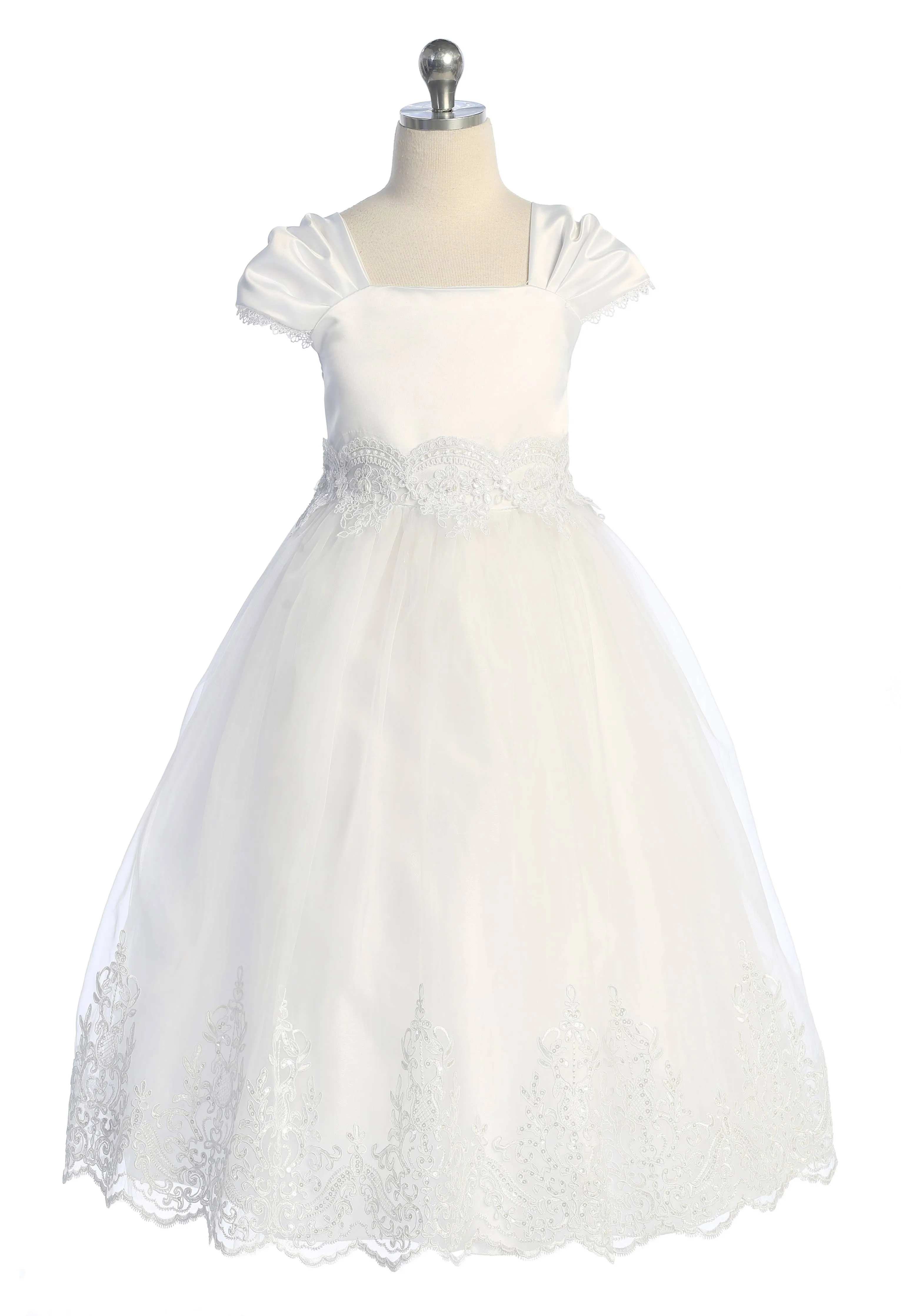 Embellished Organza Pleated Cap Sleeve Long Communion Dress