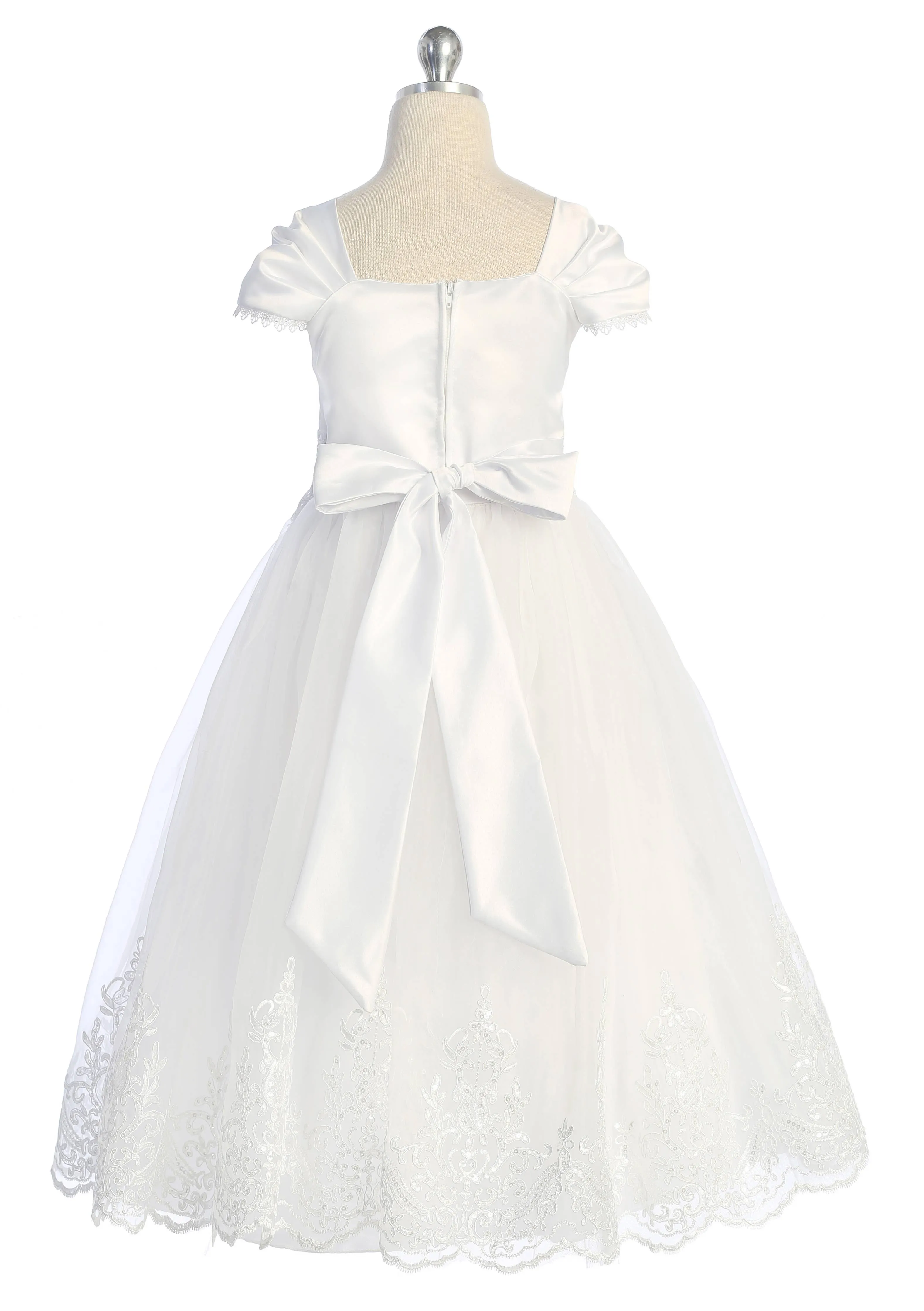 Embellished Organza Pleated Cap Sleeve Long Communion Dress