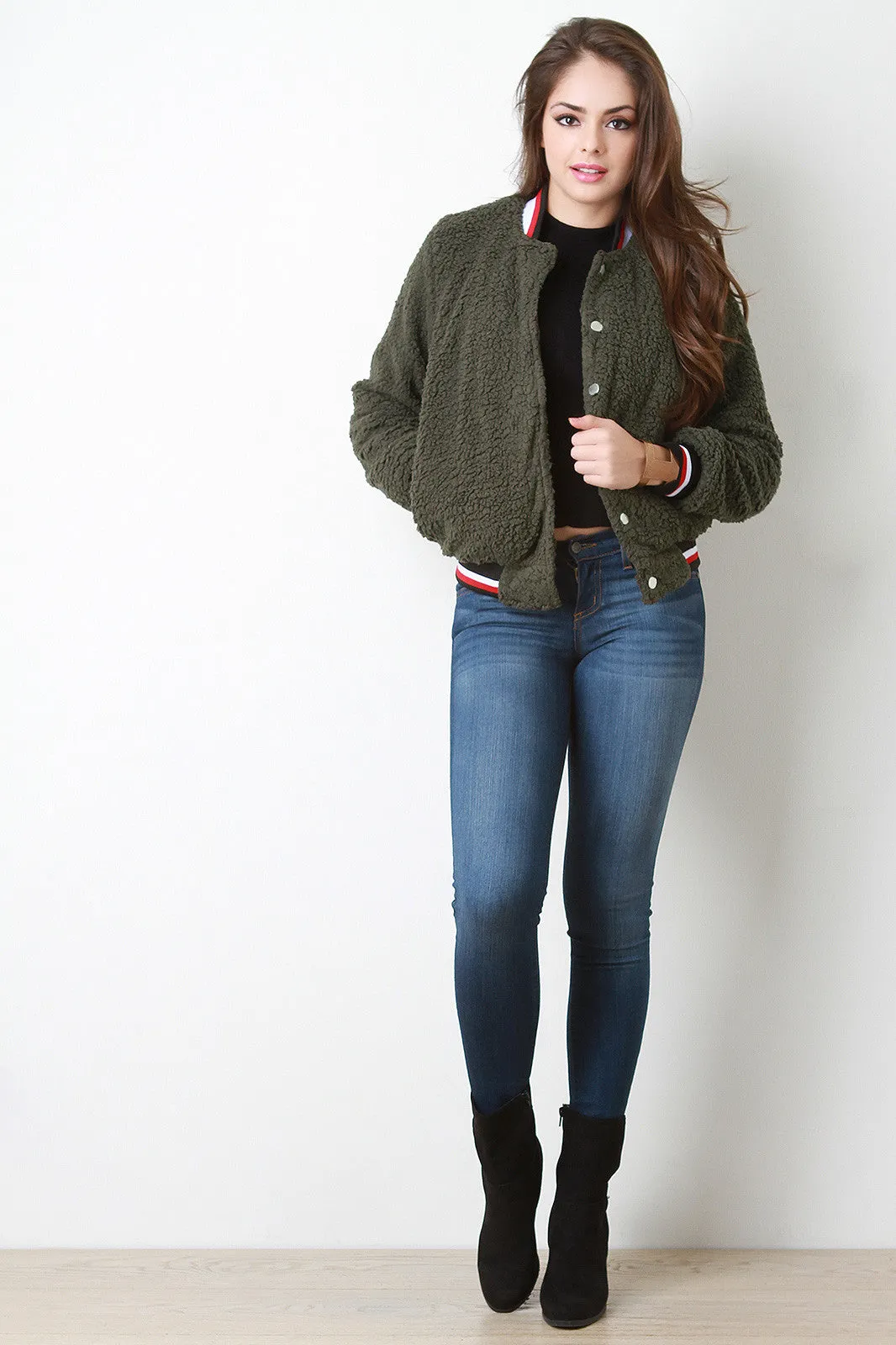 Faux Shearling Button Up Bomber Jacket