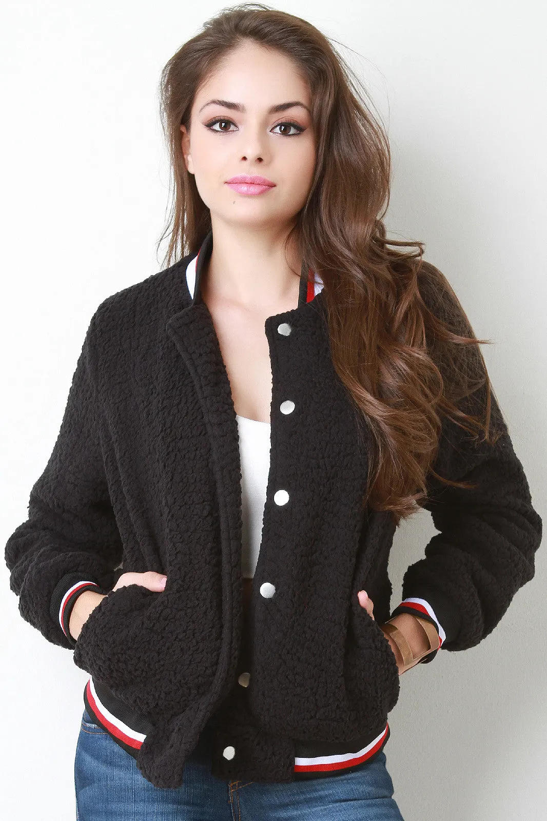 Faux Shearling Button Up Bomber Jacket