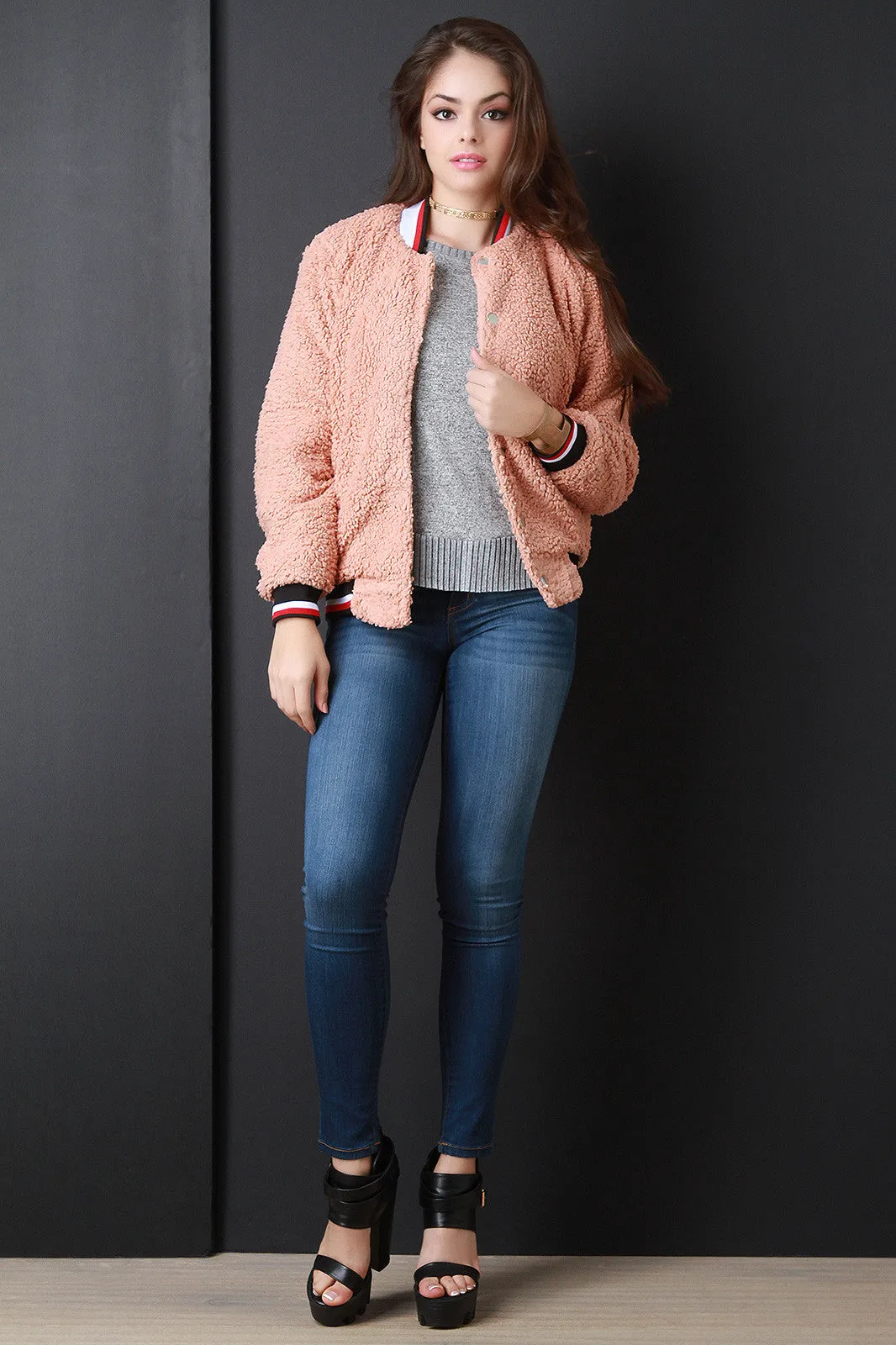 Faux Shearling Button Up Bomber Jacket