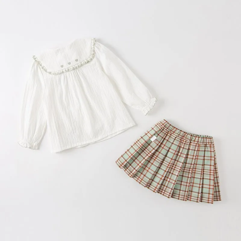 Fresh Spring Girl Two-piece White Creased Effect Shirt & Pleated Plaid Skirt Set