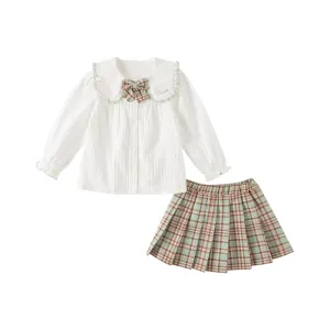 Fresh Spring Girl Two-piece White Creased Effect Shirt & Pleated Plaid Skirt Set