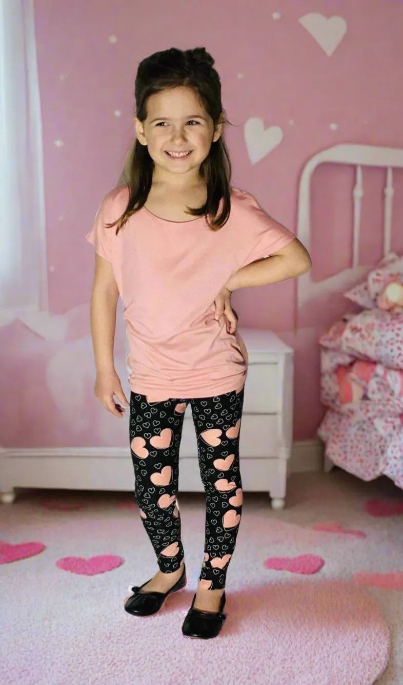 Girls Valentines Day Heart Leggings, Kids Yoga Pants, Sizes S/L, No-Roll Waist, Pink