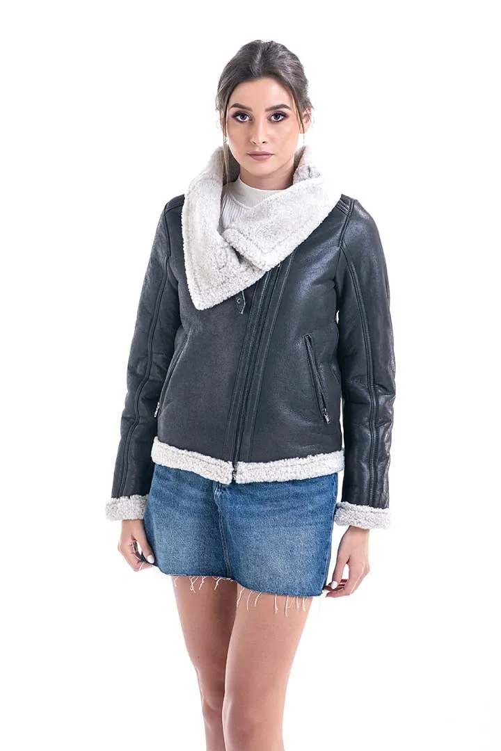 Gray Shearling Leather Jacket with Merino Fur Detailing