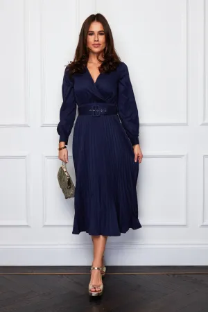 Heidi Navy Pleated Skirt Belted Midi Dress