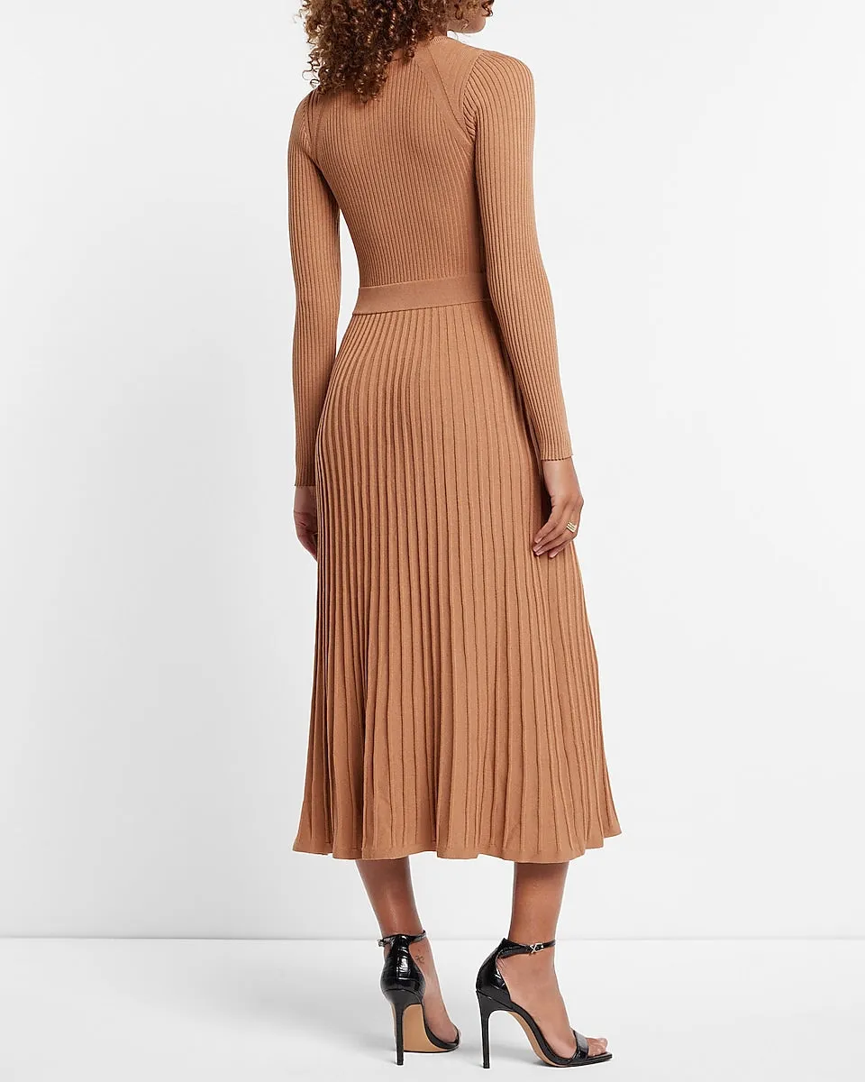 Long Sleeve Pleated Ribbed Midi Sweater Dress in Butterscotch