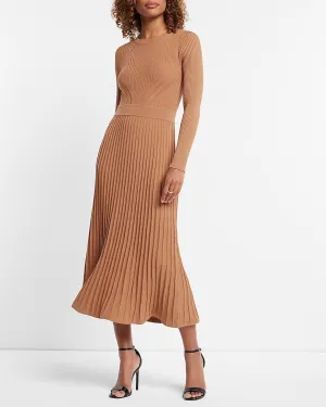 Long Sleeve Pleated Ribbed Midi Sweater Dress in Butterscotch