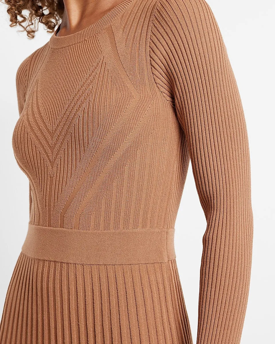 Long Sleeve Pleated Ribbed Midi Sweater Dress in Butterscotch