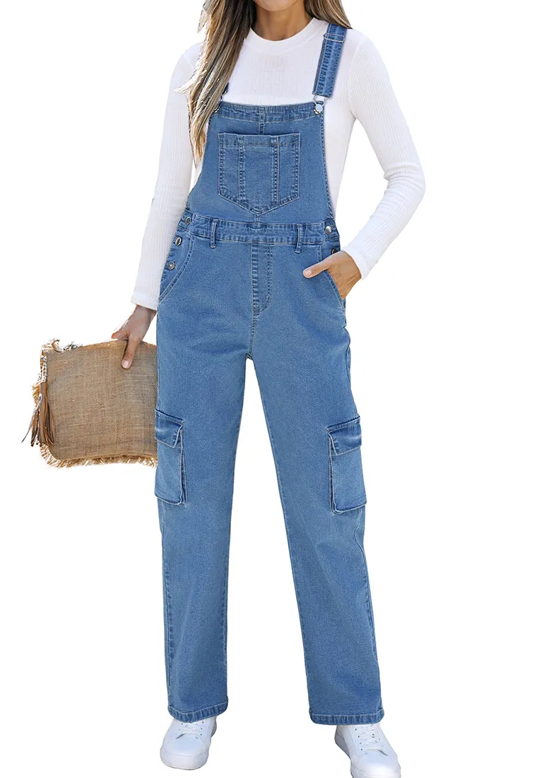 Medium Blue Women's Casual Adjustable Strap Wide Leg Jumpsuit with Pocket Jeans Trouser