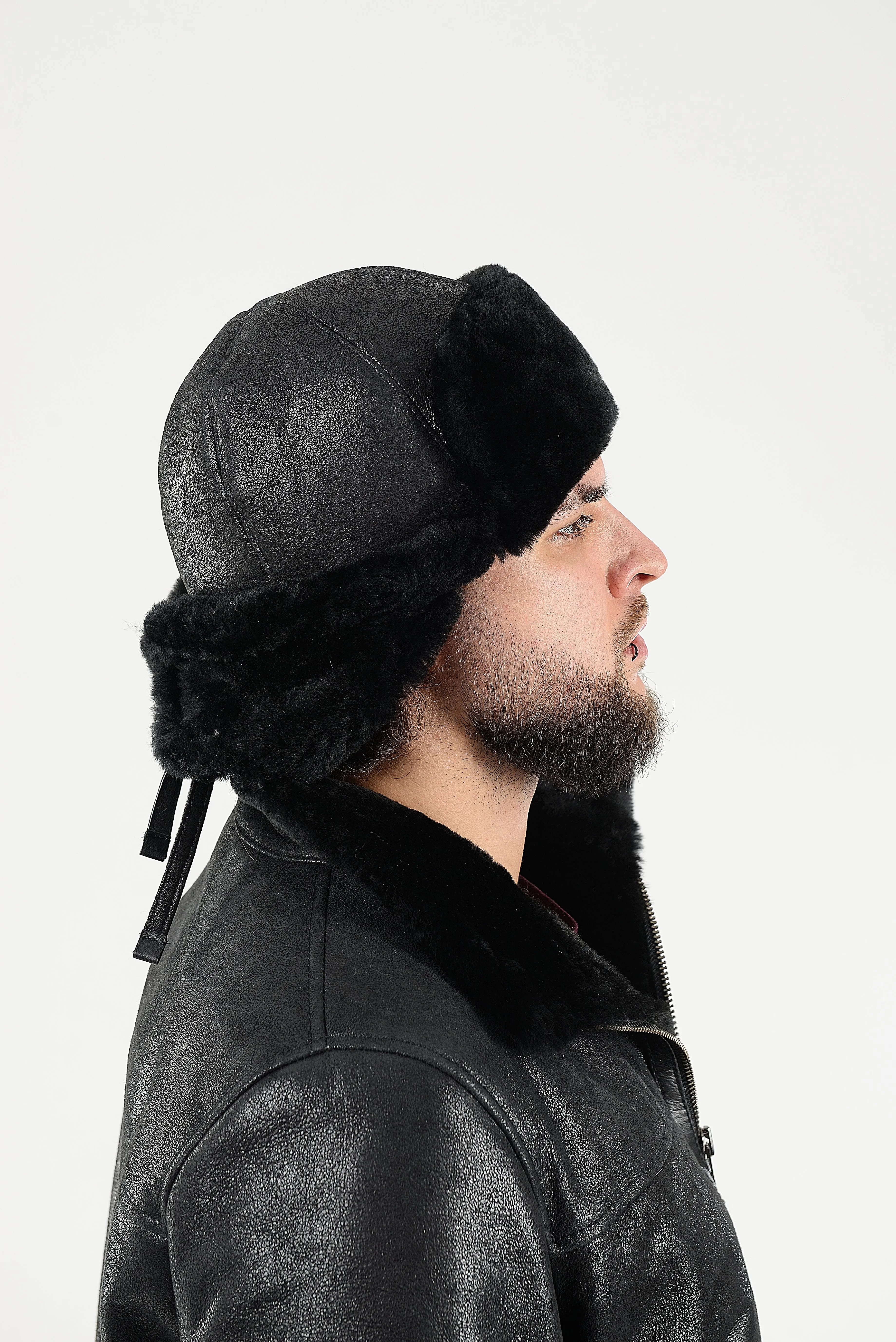 Men's Sheepskin "Aviator" Hat in Black color