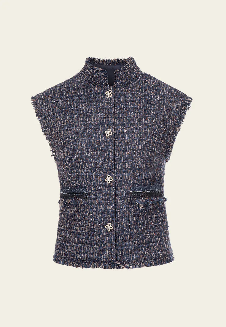 Mixed Tweed Frayed-detail Stand Collar Gilet