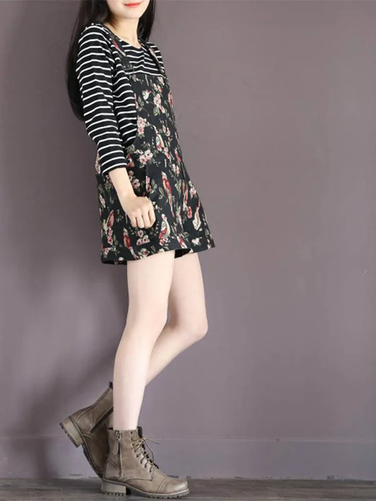 Navy Casual Floral Printed Overall Shorts For Women