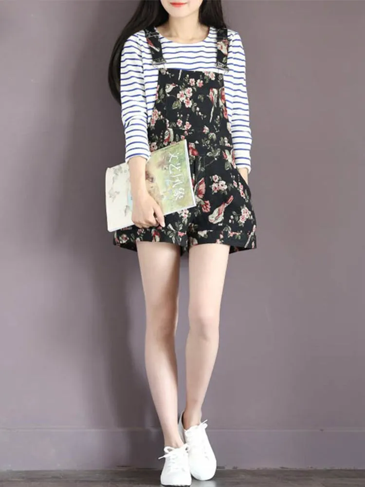 Navy Casual Floral Printed Overall Shorts For Women