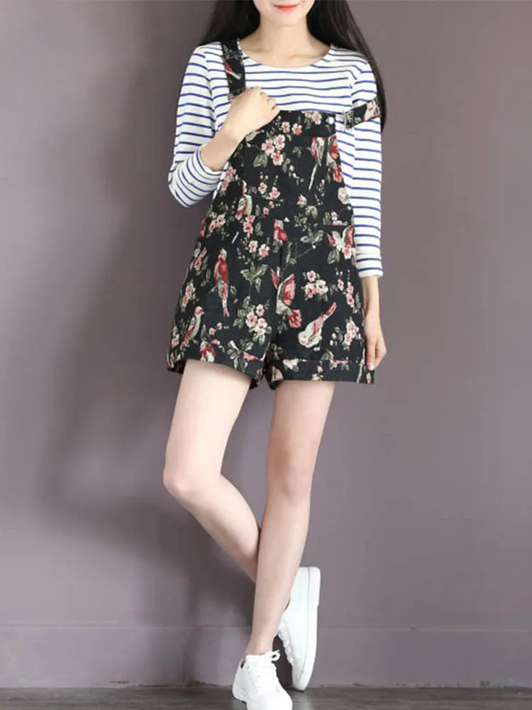 Navy Casual Floral Printed Overall Shorts For Women