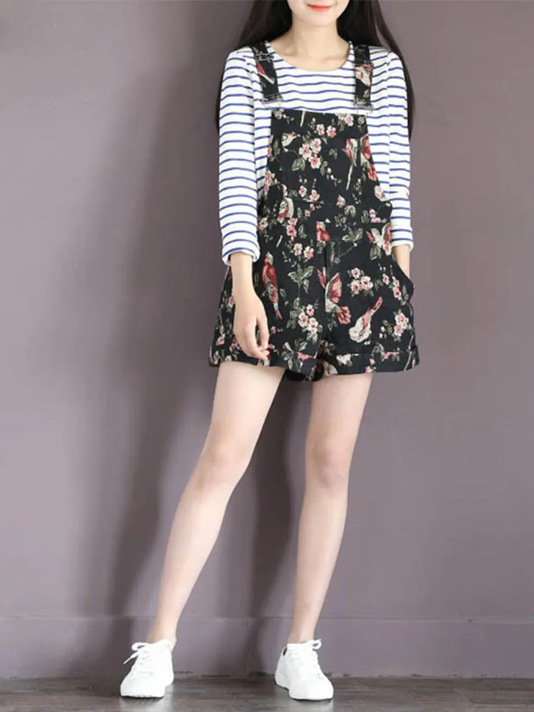 Navy Casual Floral Printed Overall Shorts For Women