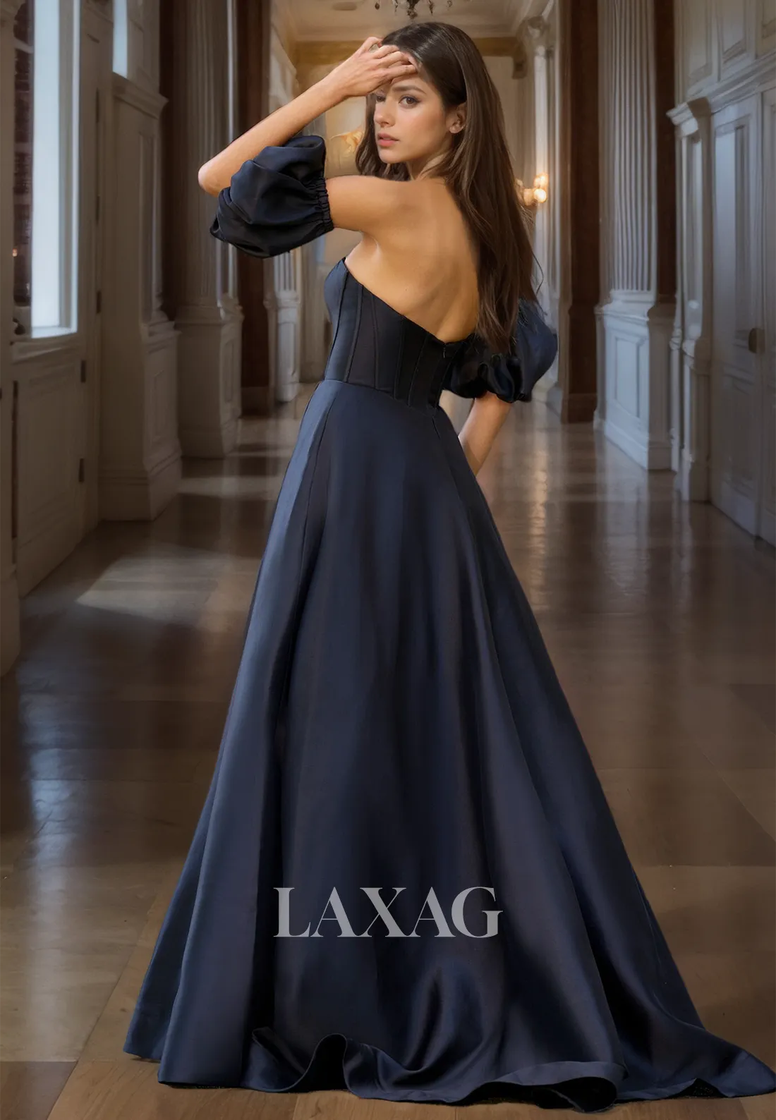 Off-Shoulder Sweetheart Sleeveless Satin Formal Gowns Pleated Cutout High Slit A-Line Prom Dress