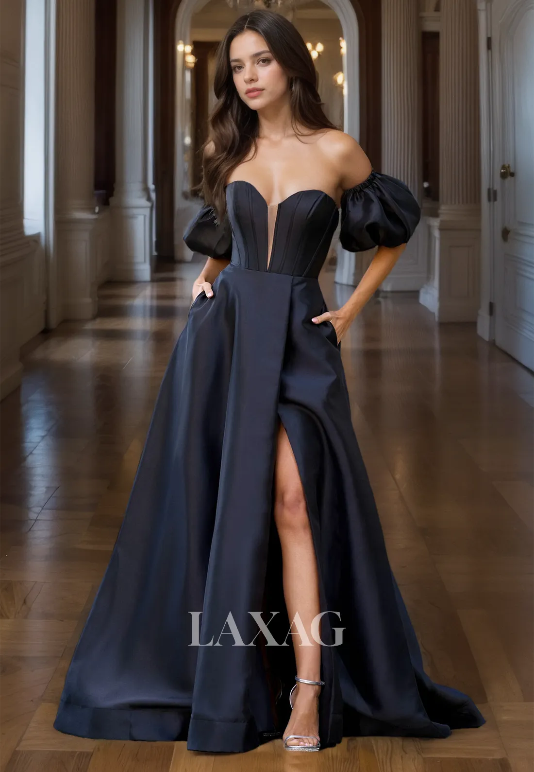 Off-Shoulder Sweetheart Sleeveless Satin Formal Gowns Pleated Cutout High Slit A-Line Prom Dress